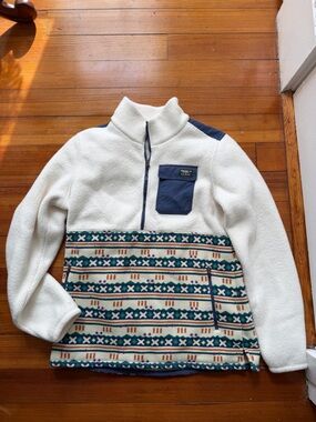 L.L. Bean Cream Fleece Utility Jacket with Teal and Navy Patterned Panel Aztec
